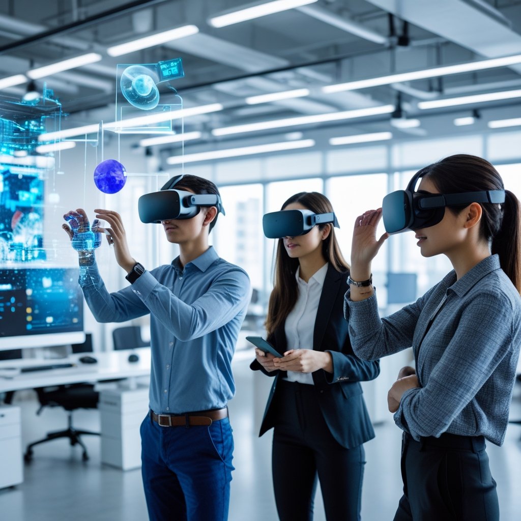Люди в сучасному офісі використовують VR-окуляри та AR-технології для ігор і роботи з цифровими інтерфейсами.