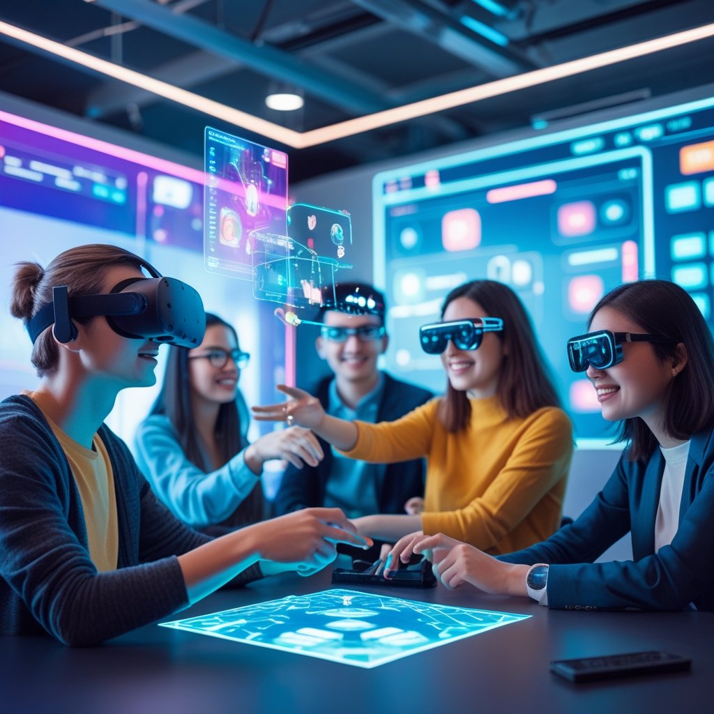 Група молодих людей у сучасному технічному просторі використовує VR-гарнітуру та AR-окуляри для роботи з віртуальними ігровими та професійними елементами.